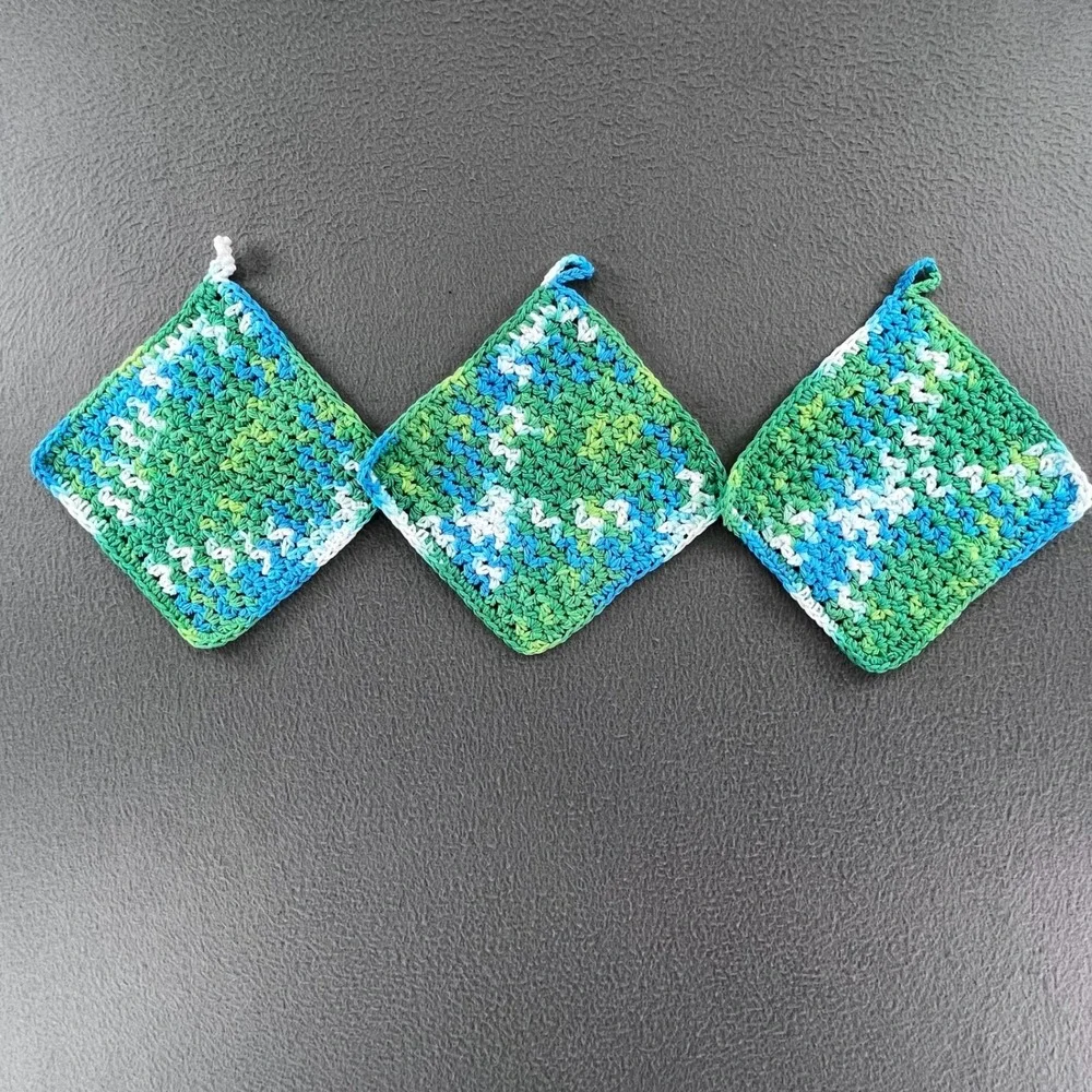 Handmade Dishcloth Cotton Variegated Blue‎ Green 6.5in Cottagecore 3pc Set